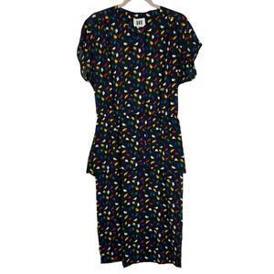 Vintage 80s ifi Black Multi Color Semi Sheer Elastic Waist Midi Dress Size 14